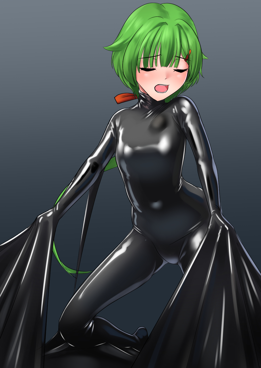 1girl, alternate_costume, black_bodysuit, bodysuit, breasts, closed_eyes, green_hair, hair_ornament, hairclip, highres, kantai_collection, latex, latex_bodysuit, long_hair, low_ponytail, noumi_(kancolle), open_mouth, ponytail, round_teeth, skin_tight, small_breasts, solo, teeth, very_long_hair, wata_nuki