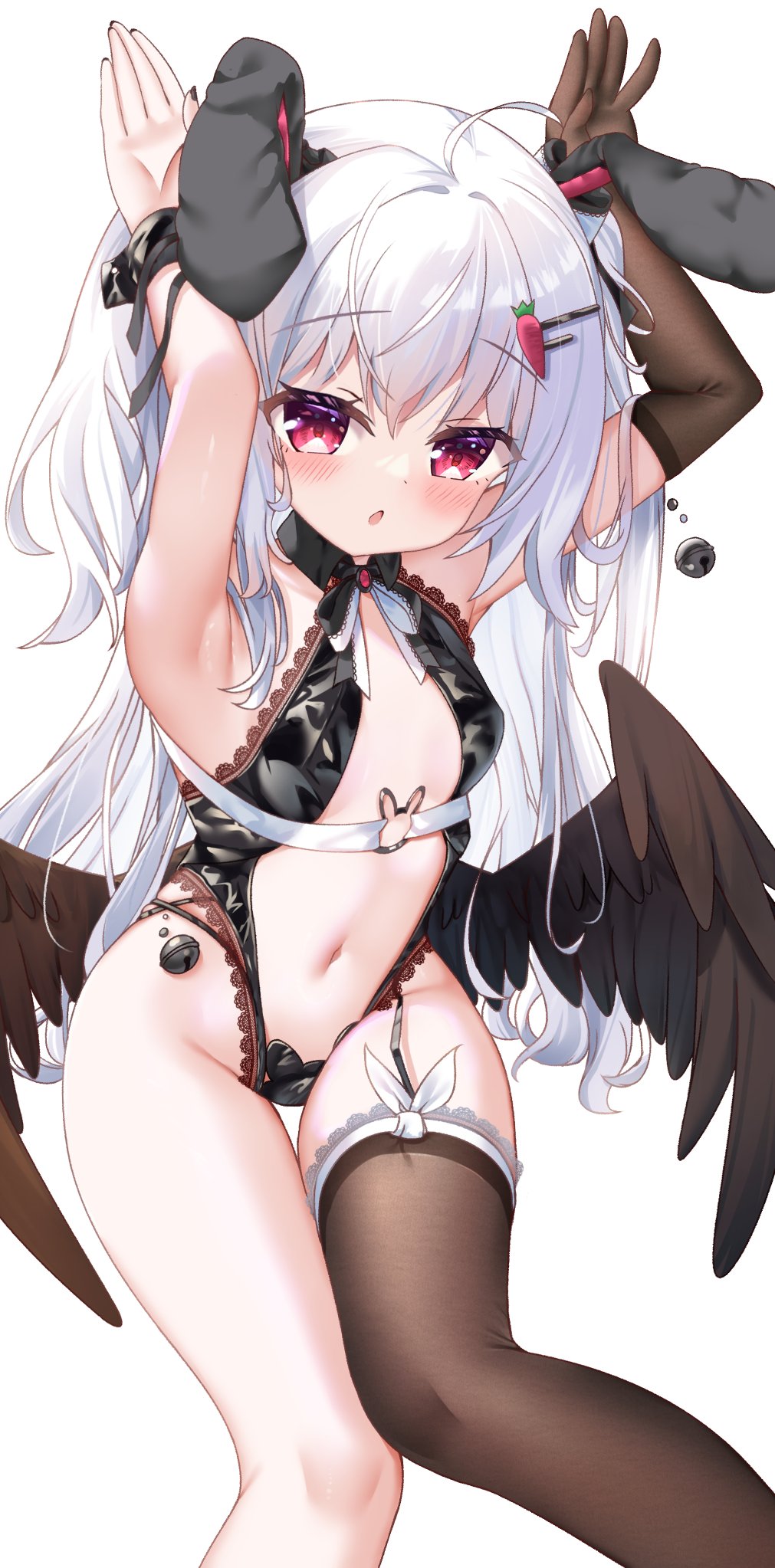 1girl, animal_ears, armpits, arms_up, black_gloves, black_leotard, black_thighhighs, black_wings