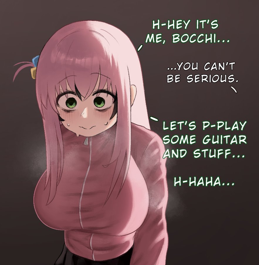 1girl, bags_under_eyes, blush, bocchi_the_rock!, breasts, cosplay, cube_hair_ornament, english_text, gotoh_hitori, gotoh_hitori_(cosplay), green_eyes, hair_between_eyes, hair_ornament, hair_visible_through_wig, impersonation, jacket, kuroki_tomoko, large_breasts, long_hair, long_sleeves, looking_down, messy_hair, pink_hair, pink_jacket, pohui55, self-upload, side_ahoge, sidelocks, skirt, solo, sweat, sweatdrop, track_jacket, upper_body, watashi_ga_motenai_no_wa_dou_kangaetemo_omaera_ga_warui!, wavy_mouth, wig