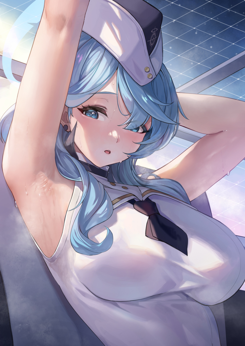 1girl, :o, absurdres, ako_(blue_archive), armpits, arms_up, black_necktie, blue_archive