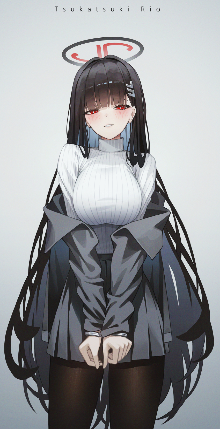 1girl, absurdres, aspih_sp, black_hair, black_halo, black_jacket, black_pantyhose, black_skirt