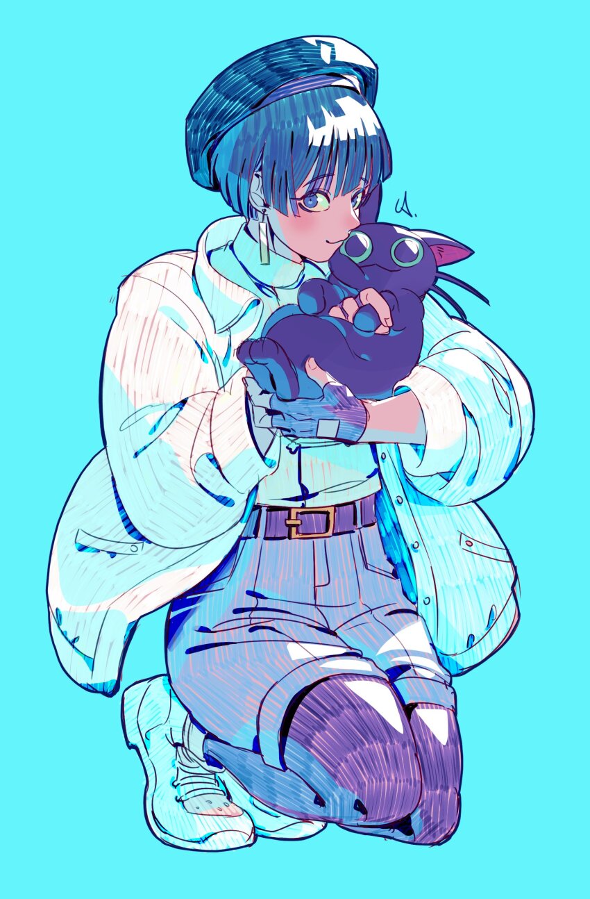 1girl, absurdres, belt, black_belt, black_cat, black_headwear, blue_eyes, cat