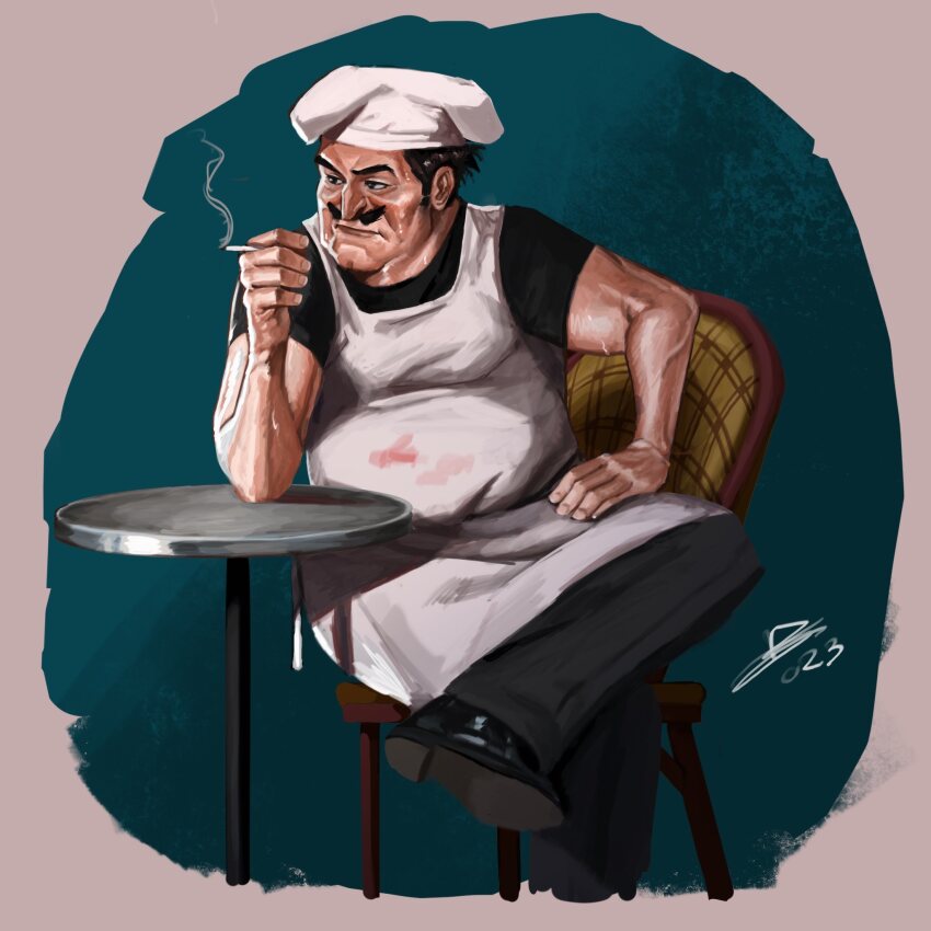 1boy, apron, belly, chef, chef_hat, double_chin, full_body, hat