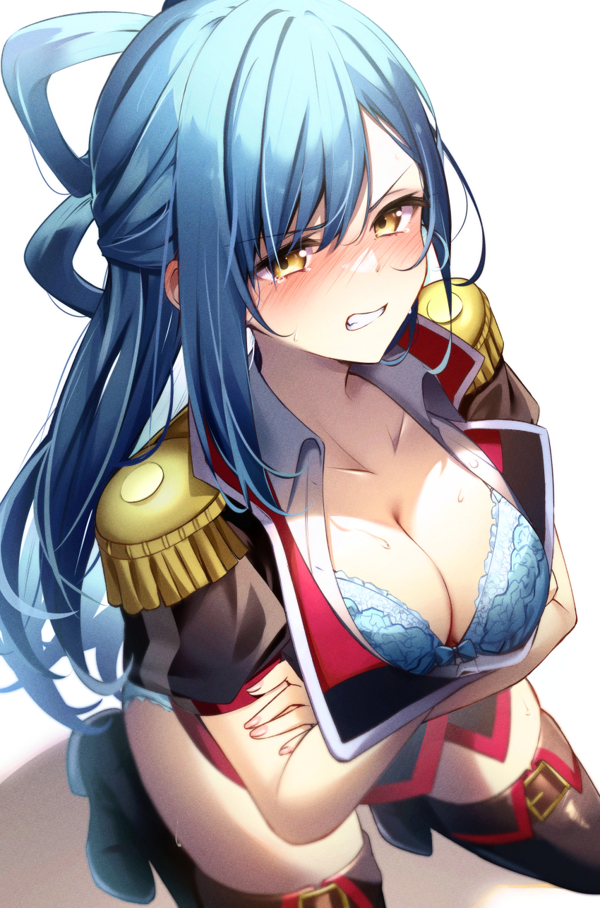 1girl, absurdres, anti-demon_corps_uniform, azuma_himari_(mato_seihei_no_slave), blush, breasts, cleavage, green_hair