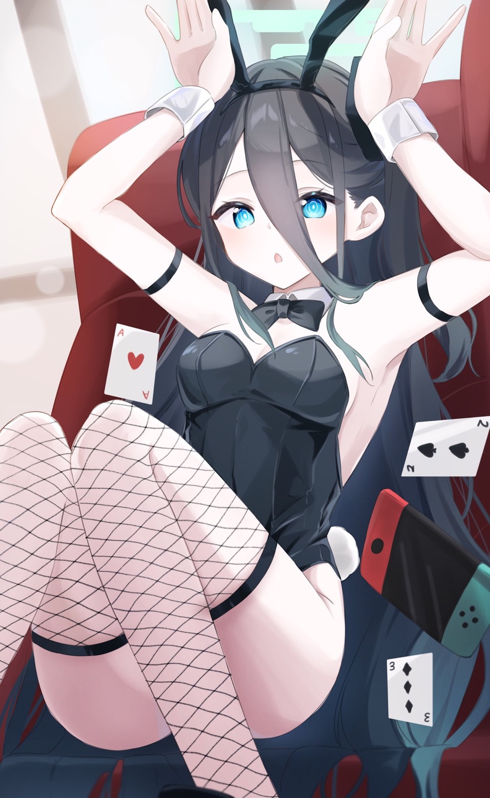 1girl, aris_(blue_archive), black_hair, blue_archive, blue_eyes, breasts, cleavage, detached_collar, highres, long_hair, looking_at_viewer, medium_breasts, nishimiya_aki, playboy_bunny, solo