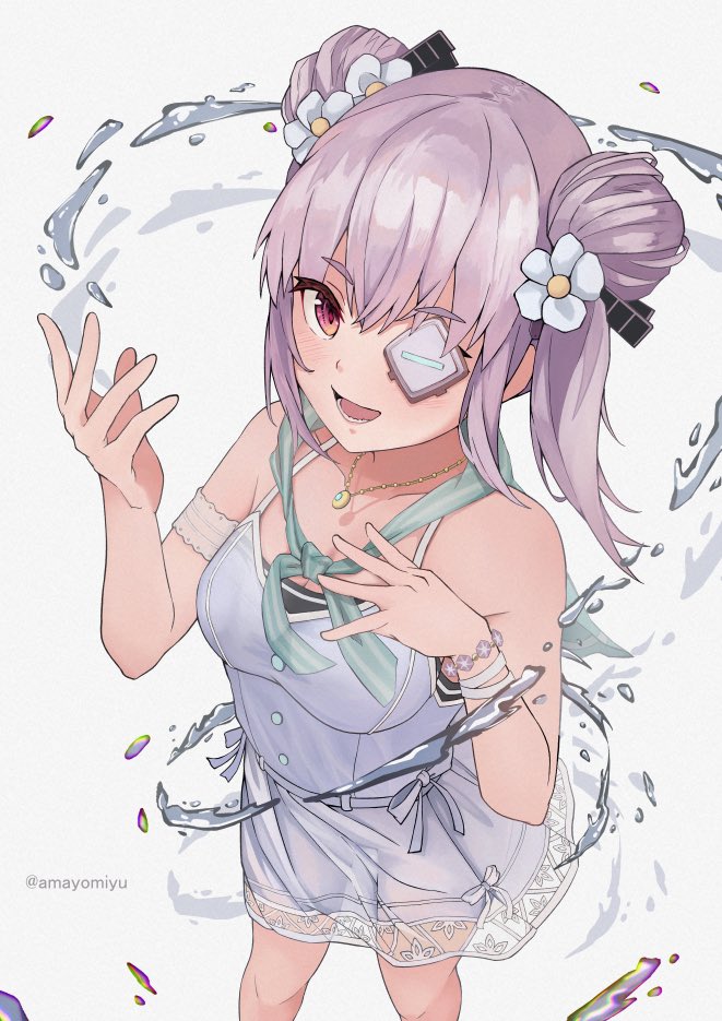1girl, amayomiyu, dress, eyepatch, from_above, hair_bun, heaven_burns_red, looking_at_viewer, medium_hair, one_eye_covered, open_mouth, red_eyes, see-through_clothes, solo, water, white_background, white_dress, white_hair, yamawaki_bon_ivar, yamawaki_bon_ivar_(summer_daydream)
