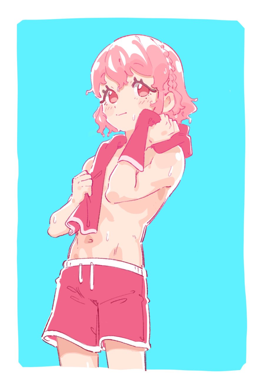 1boy, abs, blue_background, border, braid, closed_mouth, cowboy_shot, cropped_legs