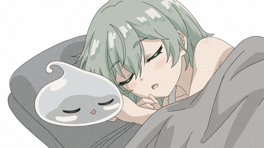1girl, 1other, blanket, closed_eyes, green_hair, ivy_(saijaku_tamer), saijaku_tamer_wa_gomi_hiroi_no_tabi_wo_hajimemashita, sleeping