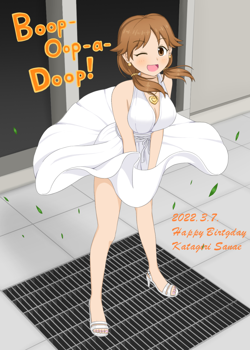 1girl, bare_legs, bare_shoulders, betty_boop, blush, breasts, brown_eyes, brown_hair