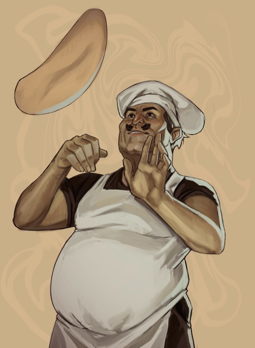 1boy, apron, black_hair, black_pants, black_shirt, brown_background, chef_hat, commentary