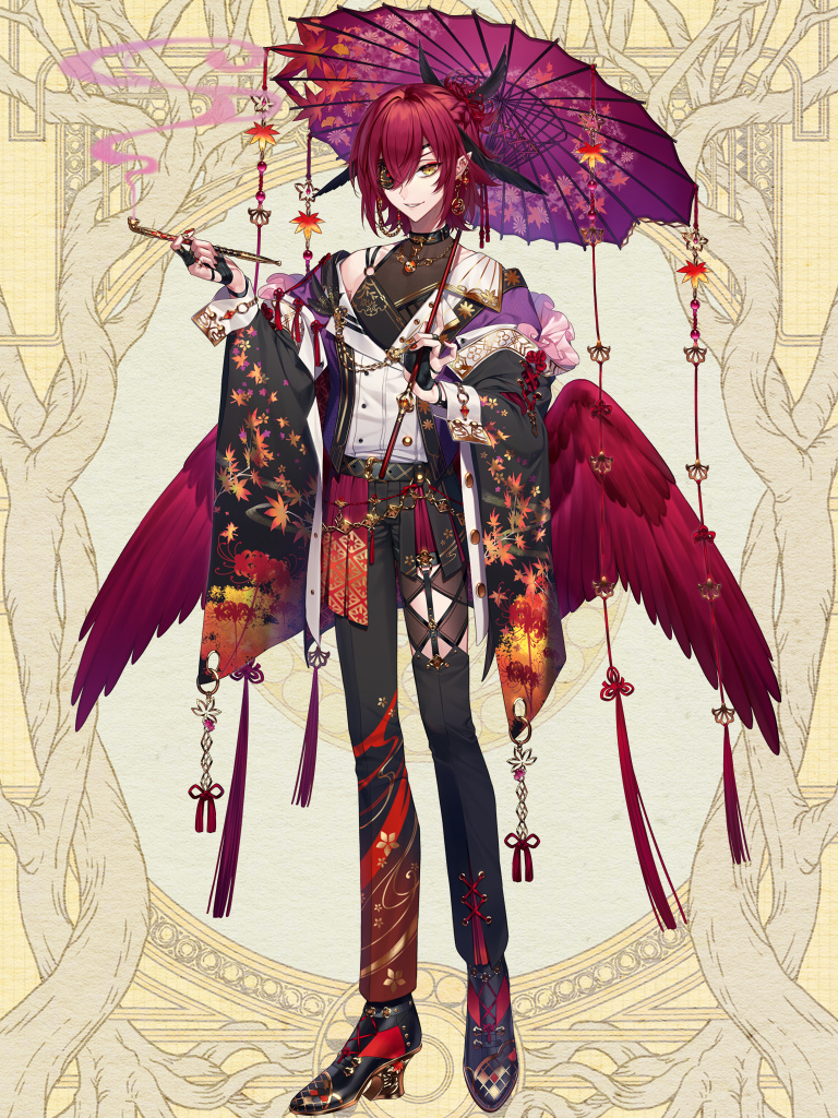 1boy, asa_no_ha_(pattern), belt, bird_wings, black_belt, black_gloves, black_pants, black_shirt, black_shoes, black_sleeves, black_wings, braid, buttons, closed_mouth, clothing_cutout, cross-laced_footwear, dairoku_ryouhei, double-breasted, ear_chain, ear_piercing, earrings, eyeliner, eyepatch, finger_cots, fingerless_gloves, floating_earrings, floral_print, flower, frills, full_body, gloves, hair_between_eyes, hair_flower, hair_ornament, half_gloves, half_up_braid, half_up_half_down_braid, half_updo, head_wings, holding, holding_smoking_pipe, holding_umbrella, jacket, jewelry, kamikari_kafuka, kiseru, leaf_print, linked_piercing, long_sleeves, looking_at_viewer, low_wings, makeup, male_focus, maple_leaf_print, medium_hair, nail_polish, necklace, off_shoulder, oil-paper_umbrella, oriti4, pants, parted_lips, piercing, pointy_ears, print_pants, purple_jacket, purple_umbrella, red_eyeliner, red_flower, red_hair, red_nails, red_wings, shirt, shoes, single_bare_shoulder, sleeveless, sleeveless_shirt, smile, smoke, smoking_pipe, solo, spider_lily, standing, tassel, thigh_cutout, two-sided_fabric, two-sided_jacket, umbrella, waist_cape, wallet_chain, white_jacket, wide_sleeves, wing_hair_ornament, wings, wrist_cuffs, yellow_background, yellow_eyes