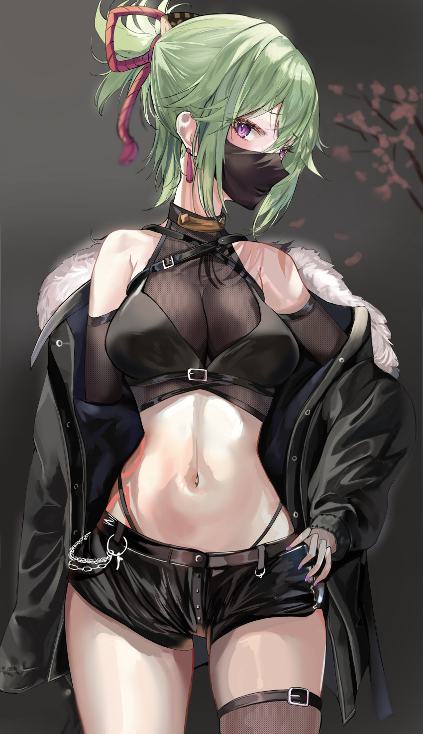 1girl, absurdres, alternate_costume, bare_shoulders, belt, belt_buckle, black_belt, black_jacket, black_mask, black_panties, black_shorts, black_thighhighs, breasts, buckle, chest_belt, commentary_request, crop_top, detached_sleeves, earrings, fishnet_sleeves, fishnets, floating_earrings, fur-trimmed_jacket, fur_trim, genshin_impact, green_hair, hair_between_eyes, hair_ornament, hand_on_own_hip, harune_rane, high_ponytail, highleg, highleg_panties, highres, jacket, jewelry, kuki_shinobu, large_breasts, looking_at_viewer, mask, mouth_mask, navel, open_clothes, open_jacket, panties, panty_peek, ponytail, purple_eyes, purple_nails, short_shorts, shorts, simple_background, single_thighhigh, solo, stomach, thigh_belt, thigh_strap, thighhighs, underwear