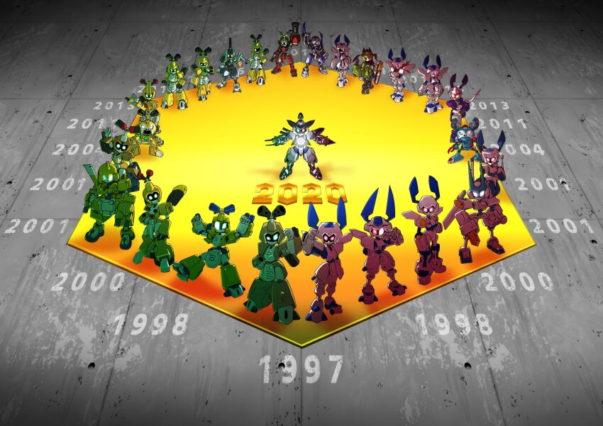 6+boys, akeikou, anniversary, arm_blade, arm_cannon, arm_up, cross_messiah, glowing