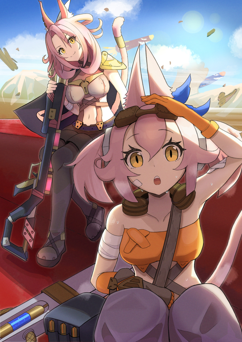 2girls, animal_ears, bandeau, boots, breasts, cat_ears, duel_monster, ear_piercing
