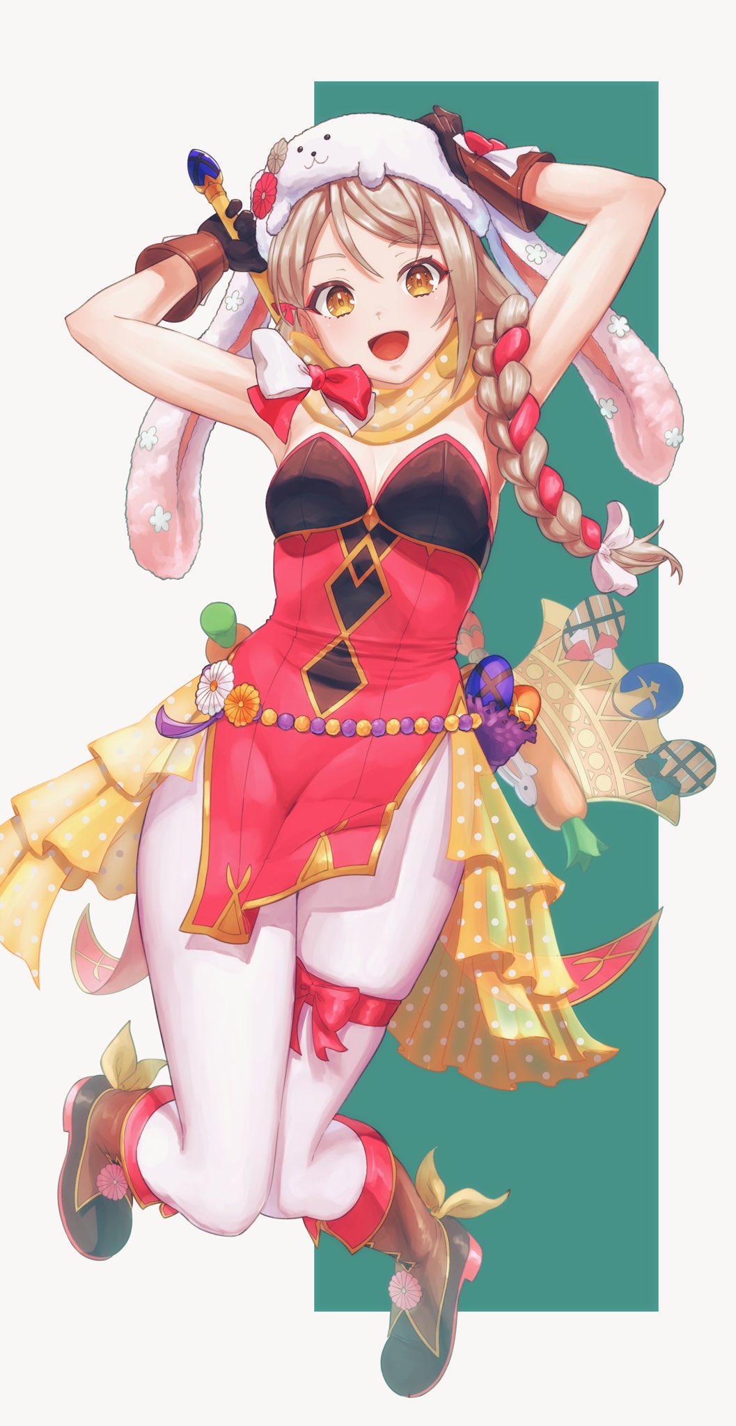 1girl, aduti_momoyama, animal_hat, axe, braid, braided_ponytail, brown_gloves, expressive_clothes, fire_emblem, fire_emblem_engage, fire_emblem_heroes, framme_(fire_emblem), framme_(spring)_(fire_emblem), gloves, hair_over_shoulder, hat, highres, nintendo, official_alternate_costume, pantyhose, pelvic_curtain, rabbit_hat, scarf, solo, thigh_strap, white_pantyhose, yellow_scarf