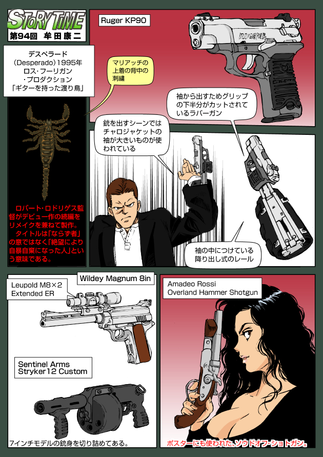 1boy, 1girl, amadeo_rossi, armsel_striker, black_hair, break-action_shotgun, breasts, brown_hair, carolina_(mexico_trilogy), cleavage, desperado, double-barreled_shotgun, english_text, gun, handgun, japanese_text, large_breasts, long_hair, looking_at_viewer, manito_el_mariachi, mexico_trilogy, multiple-barrel_gun, muta_koji, pistol, revolver_shotgun, riot_shotgun, rossi_overland, ruger_p, ruger_p90, sawed-off_shotgun, scorpion, semi-automatic_shotgun, sentinel_arms, shotgun, side-by-side-barreled_shotgun, story_time_(muta_koji), striker-12, sturm, _ruger_&amp;_co., translation_request, weapon, weapon_focus, weapon_name, weapon_profile, wildey, wildey_f.a.