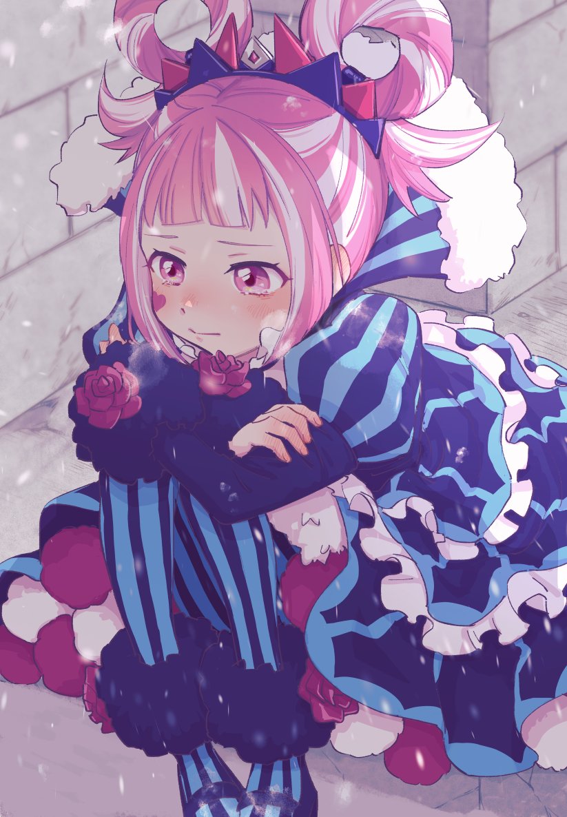 1girl, aqua_pantyhose, cross-laced_clothes, cross-laced_dress, dress, facial_mark, fire_emblem, fire_emblem_engage, folded_twintails, fur_trim, hair_flaps, hair_rings, heart, heart_facial_mark, hortensia_(fire_emblem), kszm_fe, nintendo, pantyhose, pink_eyes, pink_hair, striped_clothes, striped_dress, striped_pantyhose, two-tone_pantyhose, vertical-striped_clothes, vertical-striped_dress, vertical-striped_pantyhose