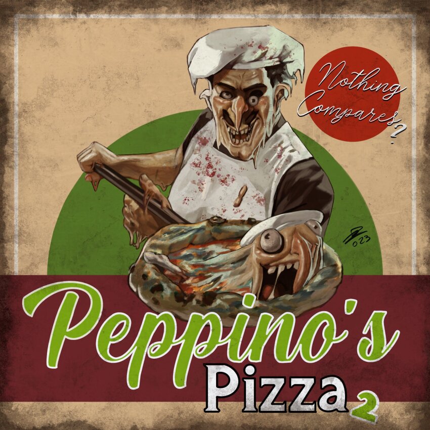 1boy, 2023, apron, bad_teeth, black_hair, black_shirt, blood, blood_on_clothes