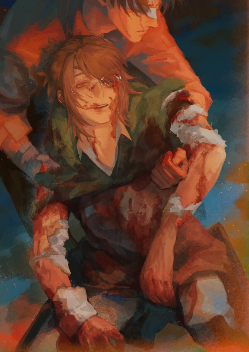 1boy, 1other, bandage_over_one_eye, black_hair, blood, chino1048, death, empty_eyes