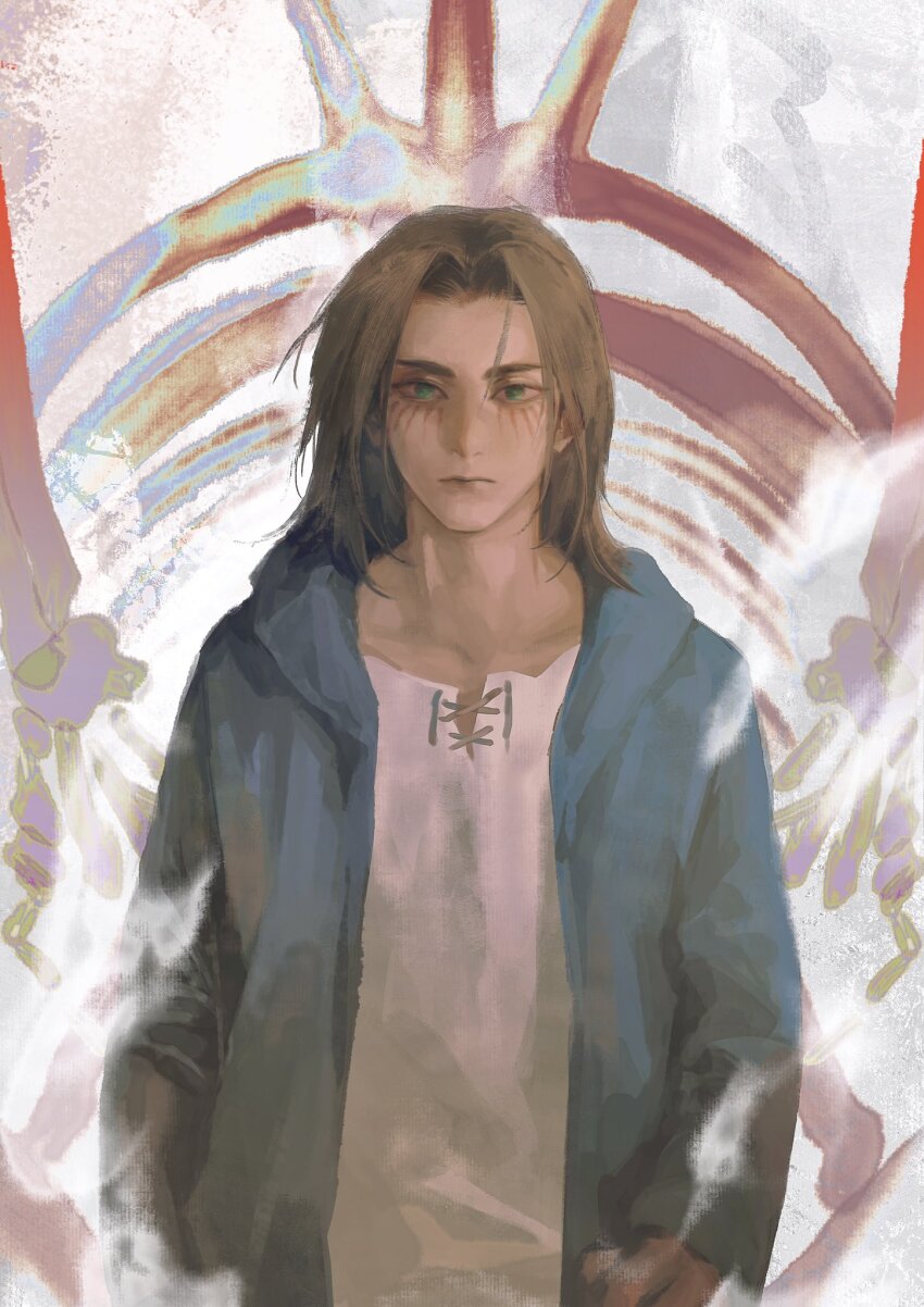 1boy, arms_at_sides, brown_hair, chino1048, eren_yeager, expressionless, facial_mark, founding_titan