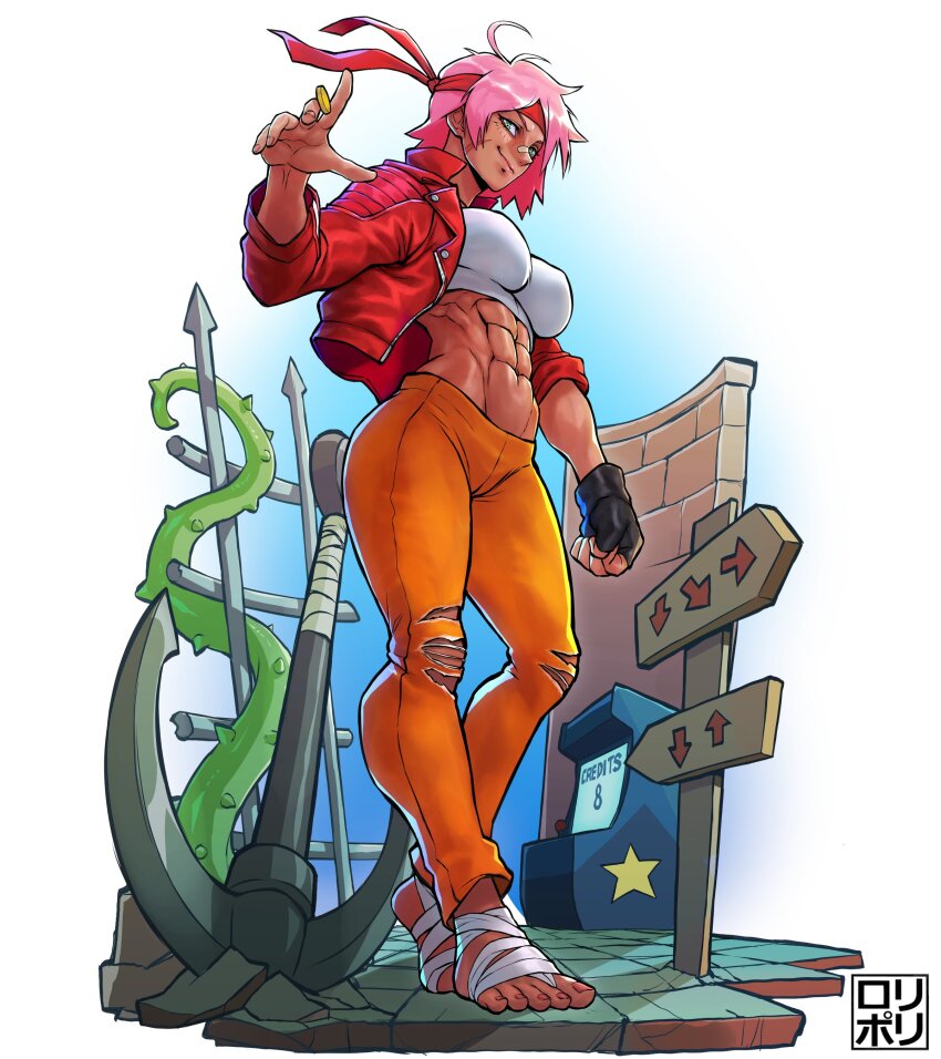 1girl, abs, absurdres, ahoge, akamatsu_akuma_(kippin21), anchor, arcade_cabinet, arrow_(symbol), bandaged_object, bandages, bandaid, bandaid_on_face, bandaid_on_nose, black_gloves, blue_background, border, breasts, coin, combo, commission, covered_erect_nipples, crop_top, facial_scar, feet, fingerless_gloves, gloves, gold_coin, green_eyes, hair_ornament, headband, highres, jacket, jamrolypoly, large_breasts, leather, leather_jacket, logo, looking_at_viewer, looking_back, messy_hair, muscular, muscular_female, nail_polish, orange_pants, original, pants, perky_breasts, pink_hair, red_headband, red_jacket, red_nails, red_scarf, retro_artstyle, scar, scar_on_cheek, scar_on_face, scarf, single_glove, smirk, solo, star-shaped_pupils, star_(symbol), symbol-shaped_pupils, tentacles, tiptoes, toenail_polish, toenails, translation_request, white_border, wind