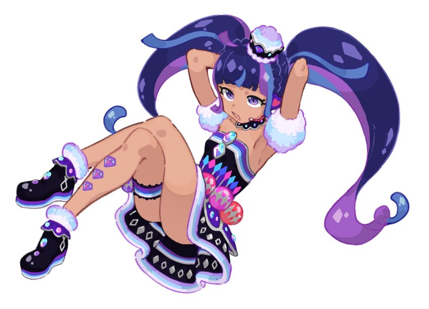 1girl, ahoge, arms_behind_head, arms_up, black_dress, black_shoes, blue_hair, blunt_bangs