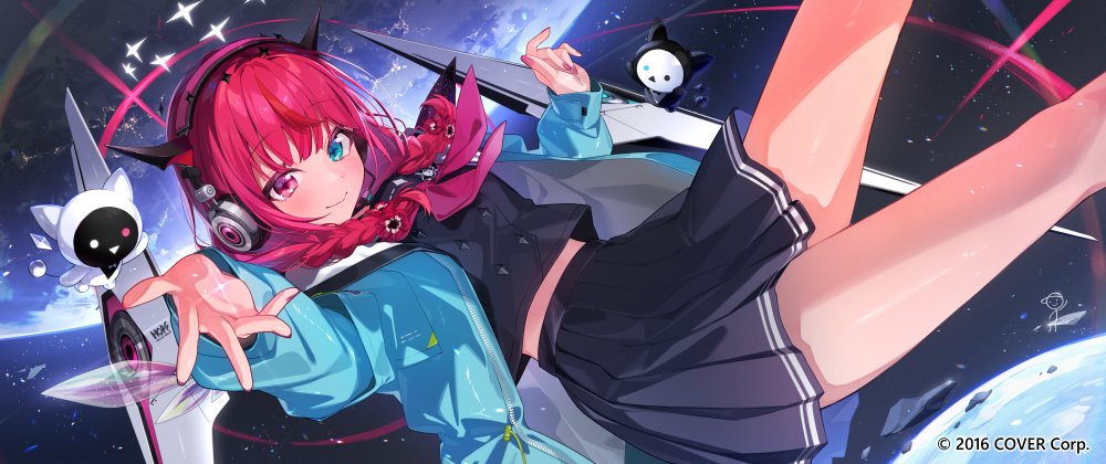 1girl, aqua_jacket, black_shirt, black_skirt, bloom_(irys), blue_jacket, braid, double_halo