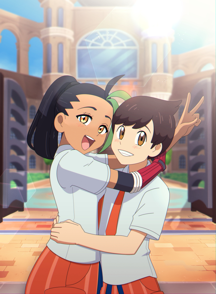 absurdres, ahoge, arms_around_neck, black_hair, brown_hair, commission, cowlick, dark_skin