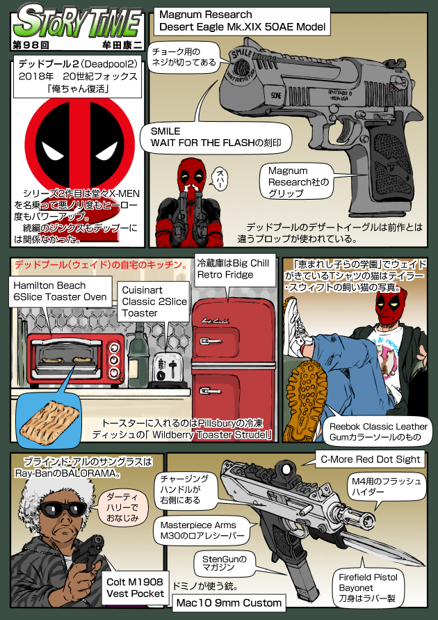 1boy, 1girl, bayonet, blind_al, bottle, colt's_manufacturing_company, colt_model_1908_vest_pocket, combat_knife, counter, dark-skinned_female, dark_skin, deadpool, deadpool_(series), deadpool_2, desert_eagle, dual_wielding, english_text, firefield_(company), firefield_pistol_bayonet, food, grey_hair, gun, handgun, holding, ingram_mac-10/11, israel_military_industries, israel_weapon_industries, japanese_text, knife, mac-10/11, magnum_research, marvel, mask, military_armament_corporation, muta_koji, pistol, pocket_pistol, story_time_(muta_koji), submachine_gun, sunglasses, toaster, toaster_oven, translation_request, very_dark_skin, weapon, weapon_focus, weapon_name, weapon_profile, x-men, x-men_film_series