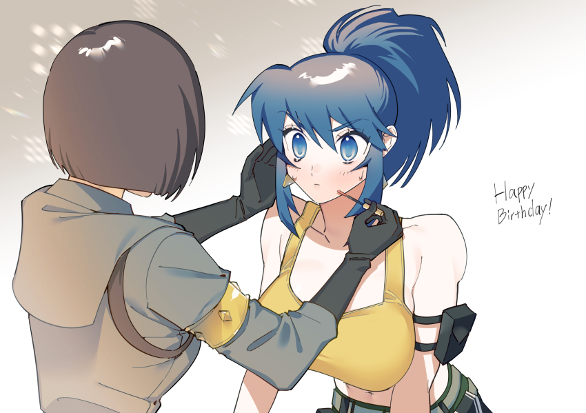 2girls, applying_makeup, arm_pouch, bare_shoulders, blue_hair, brown_hair, earrings, english_text