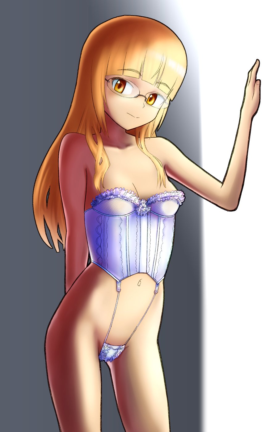 1girl, blonde_hair, blush, breasts, cleavage, closed_mouth, glasses, highres, lingerie, long_hair, looking_at_viewer, navel, perrine_h._clostermann, shiri_chin, small_breasts, solo, standing, strike_witches, underwear, world_witches_series, yellow_eyes