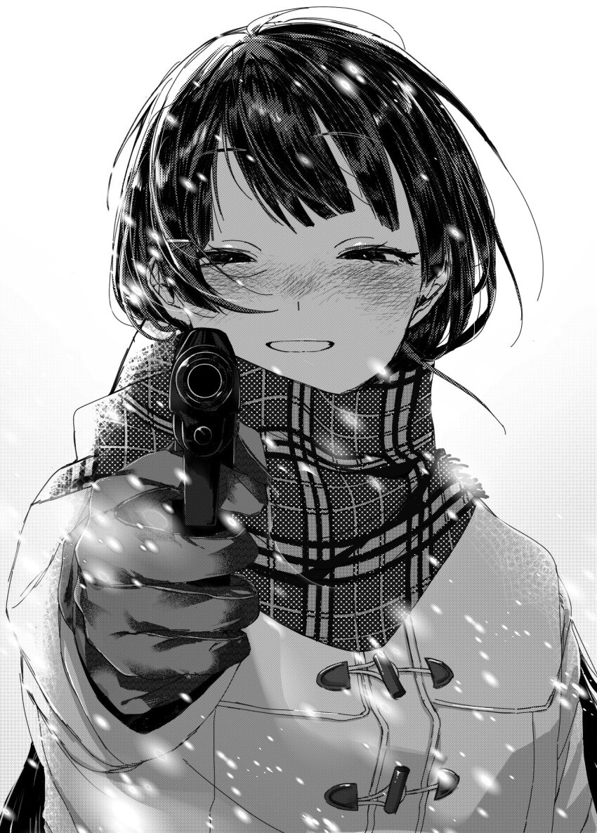 1girl, aiming, aiming_at_viewer, azuma_kurumi, blush, coat, enpera, finger_on_trigger