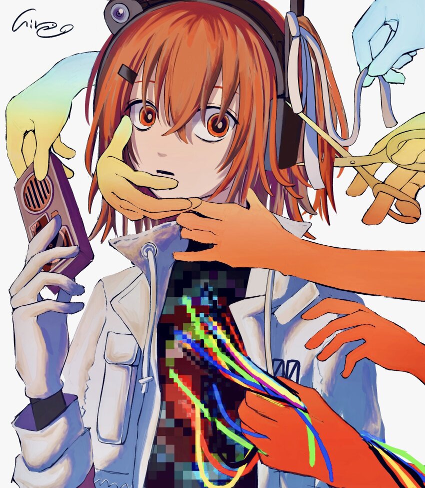 1girl, a.i._voice, absurdres, adachi_rei, cable, censored, crossed_bangs, cutting_another's_hair, cutting_hair, deep_wound, disembodied_hand, empty_eyes, gloves, grabbing, hair_between_eyes, hair_ornament, hair_ribbon, hairclip, hand_on_another's_face, hand_on_another's_neck, hand_up, headlamp, headphones, highres, hire_(hire77), holding, holding_ribbon, holding_scissors, injury, jacket, looking_at_viewer, mosaic_censoring, netsu_ijou_(utau), open_clothes, open_jacket, open_mouth, orange_eyes, orange_hair, out_of_frame, radio_antenna, ribbon, scissors, signature, untying, upper_body, utau, white_background, white_gloves, white_jacket, white_ribbon, wide-eyed