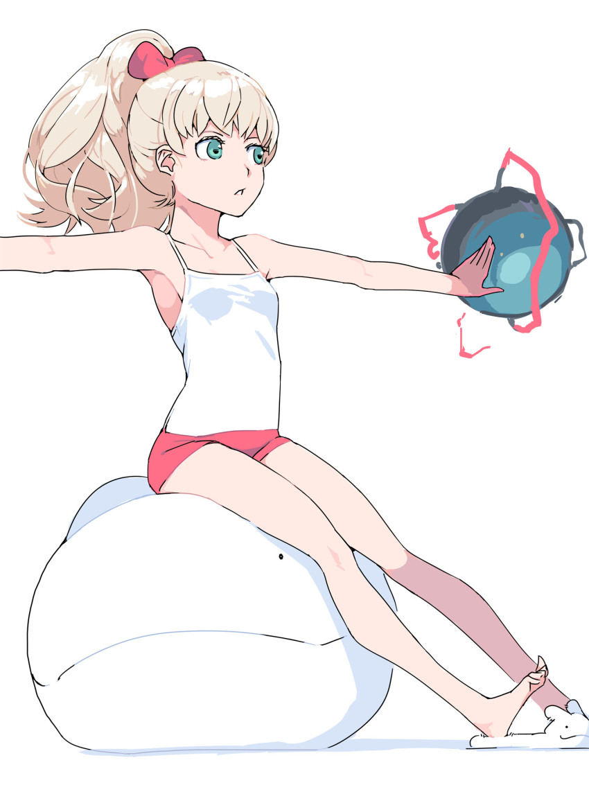 1girl, akinbo_(hyouka_fuyou), another_eden, bare_arms, blonde_hair, bow, breasts, foot_out_of_frame, green_eyes, hair_bow, highres, long_hair, micro_shorts, moke_(another_eden), ponytail, shorts, simple_background, sitting, sleeveless, slippers, small_breasts, solo, thillelille_(another_eden), white_background