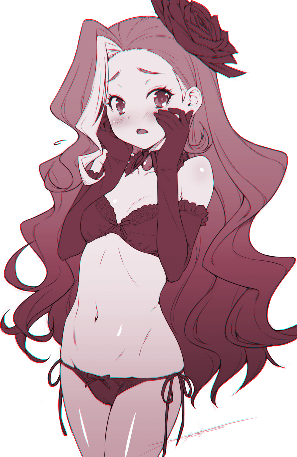 1girl, blush, bra, breasts, cleavage, collarbone, cowboy_shot, d:, detached_collar, elbow_gloves, empress_undergu, flower, gloves, groin, hair_flower, hair_ornament, hands_on_own_cheeks, hands_on_own_face, highres, hirogaru_sky!_precure, kazuma_muramasa, limited_palette, looking_at_viewer, multicolored_hair, navel, open_mouth, panties, precure, shiny_skin, side-tie_panties, simple_background, single_hair_intake, sketch, small_breasts, solo, standing, strapless, strapless_bra, two-tone_hair, underwear, underwear_only, white_background