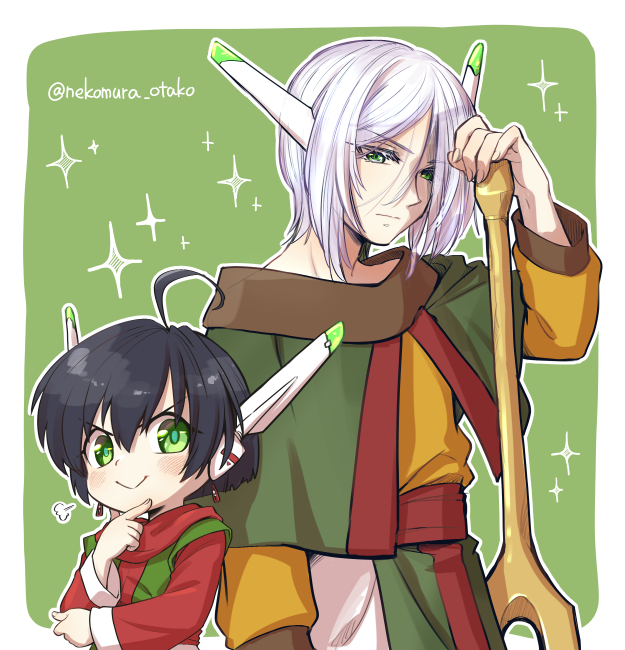 2boys, blue_hair, closed_mouth, cosplay, costume_switch, dual_persona, green_eyes, holding