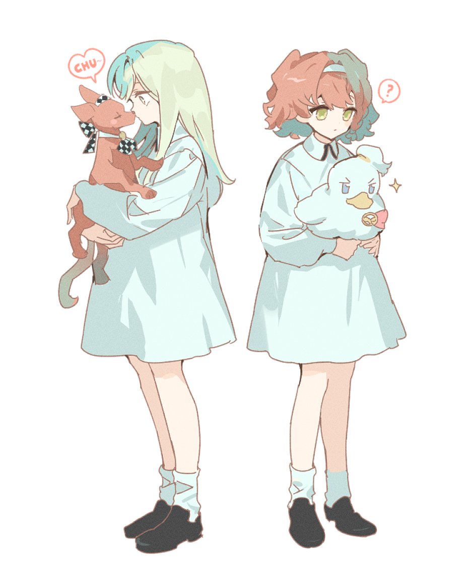 24heeju, 2girls, ?, animal, animalization, ascot, badge, bird