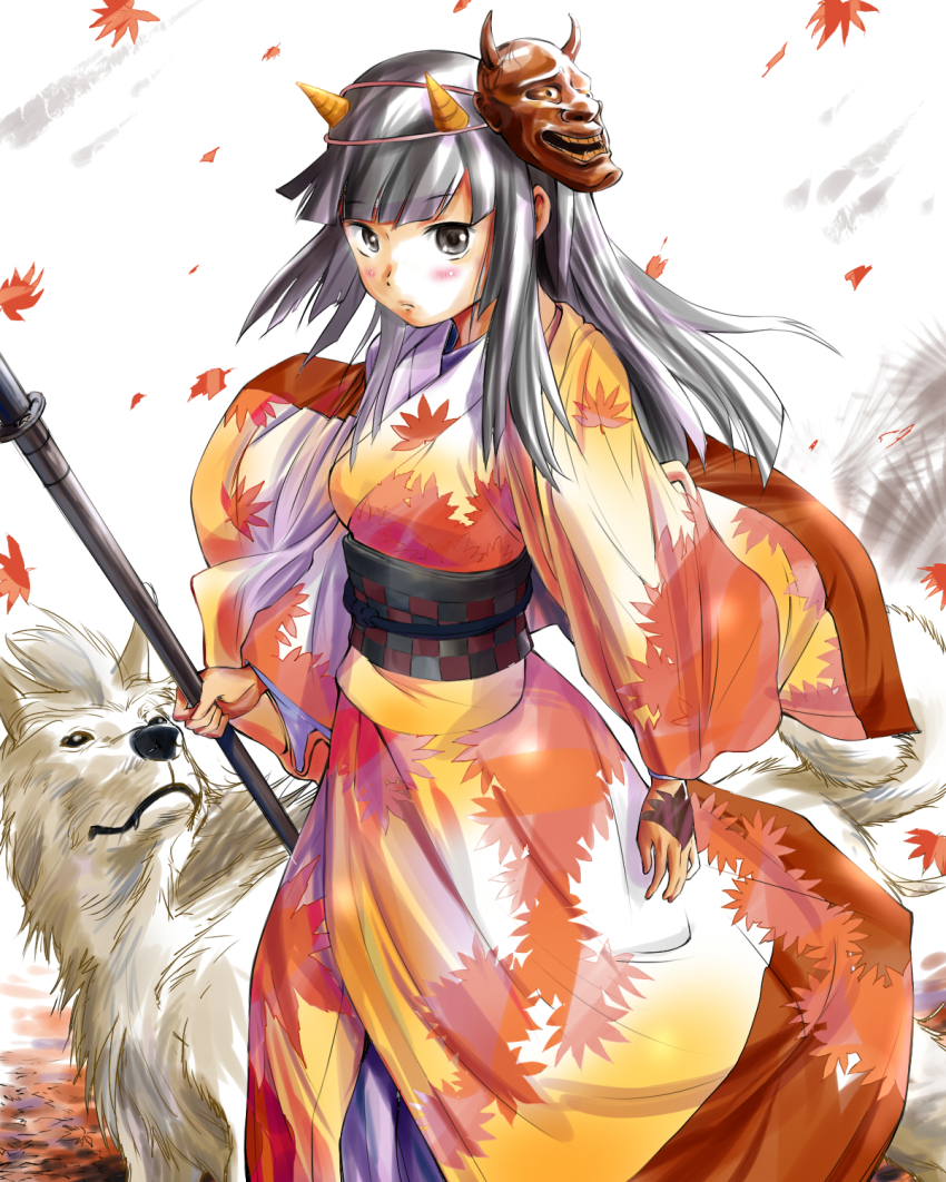 1girl, autumn_leaves, black_eyes, black_hair, dog, female_focus, hannya, highres, hinomoto_oniko, horns, japanese_clothes, leaf, long_hair, maple_leaf, mask, munmun, noh_mask, oni, oni_mask, original, polearm, solo, weapon