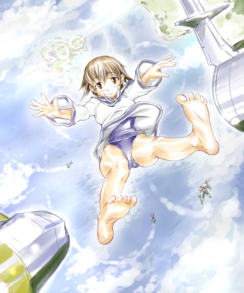 1girl, barefoot, blush, brown_eyes, brown_hair, cloud, day, falling