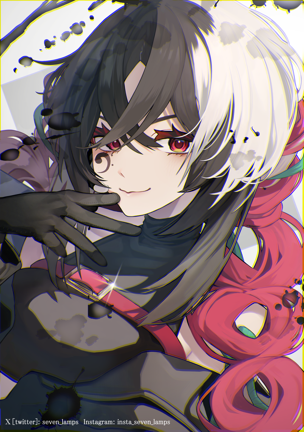 1girl, bare_shoulders, bass_clef, belt, black_gloves, black_hair, black_jacket, black_shirt, braid, chromatic_aberration, closed_mouth, facial_tattoo, fuiro, gloves, highres, instagram_username, jacket, looking_at_viewer, multicolored_hair, nanahi_tsubaki, open_clothes, open_jacket, paint_splatter, red_belt, red_eyes, red_hair, shirt, sidelocks, sleeveless, sleeveless_shirt, smile, tattoo, twin_braids, twitter_username, upper_body, vocaloid, white_background, white_hair