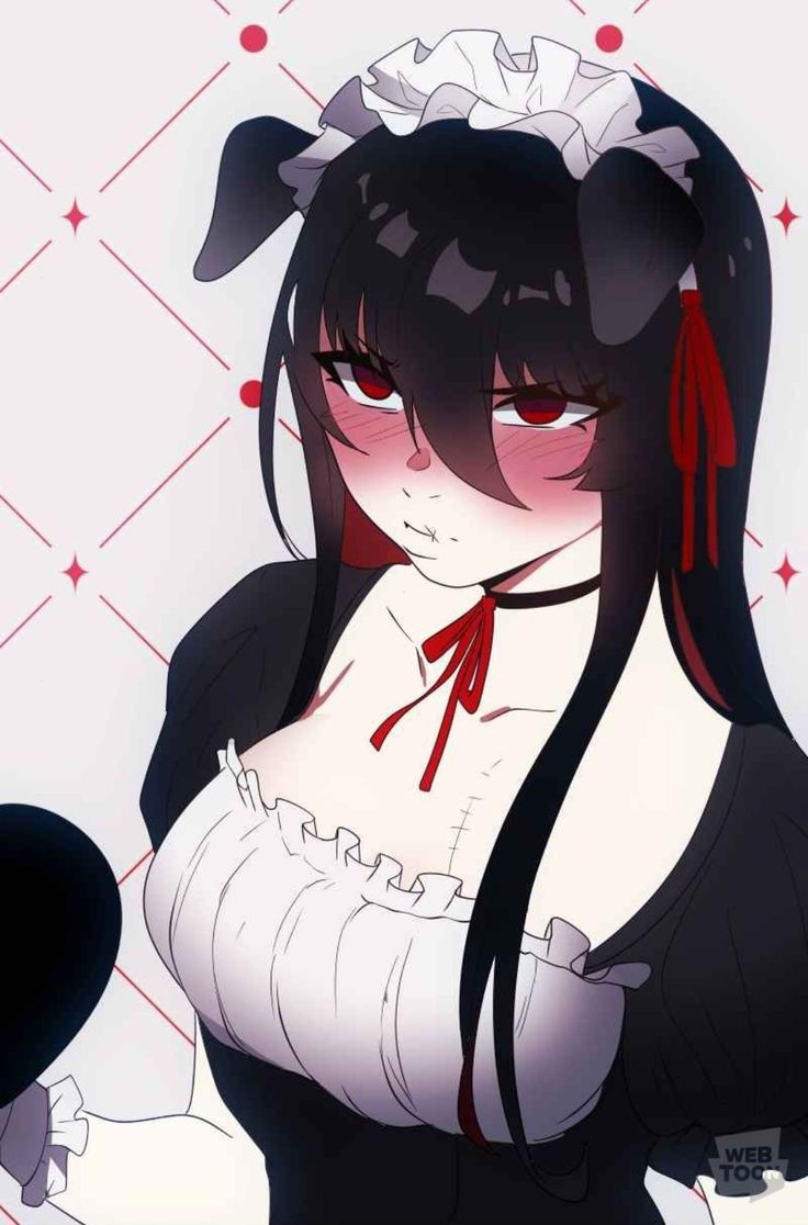 1girl, black_hair, demon_girl, horns, i'm_the_grim_reaper, long_sleeves, maid, red_eyes
