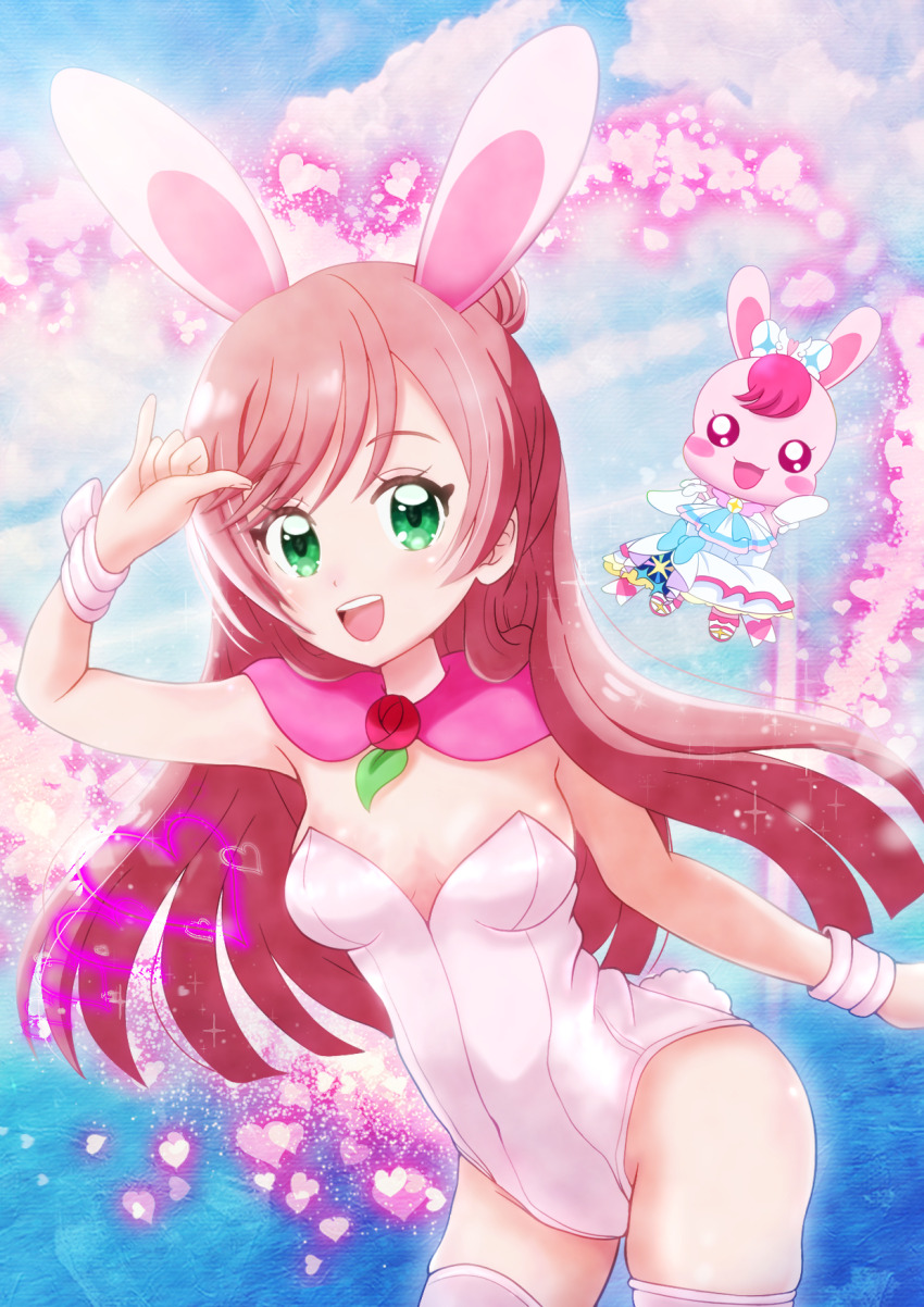 1girl, \m/, animal_ears, asukamama89, blue_eyes, blue_hair, blue_sky, breasts, capelet, cloud, cloudy_sky, commentary, cosplay, covered_navel, cowboy_shot, cure_prism, cure_prism_(cosplay), day, fake_animal_ears, fake_tail, green_eyes, hair_bun, healin'_good_precure, heart, highres, hirogaru_sky!_precure, in-franchise_crossover, leaning_forward, lens_flare, leotard, long_hair, looking_at_viewer, nijigaoka_mashiro, ocean, open_mouth, outdoors, pink_capelet, pink_hair, playboy_bunny, precure, rabbit_ears, rabbit_tail, rabirin_(precure), shaka_sign, single_hair_bun, sky, small_breasts, smile, solo, standing, strapless, strapless_leotard, tail, thighhighs, voice_actor_connection, white_leotard, white_thighhighs, wristband