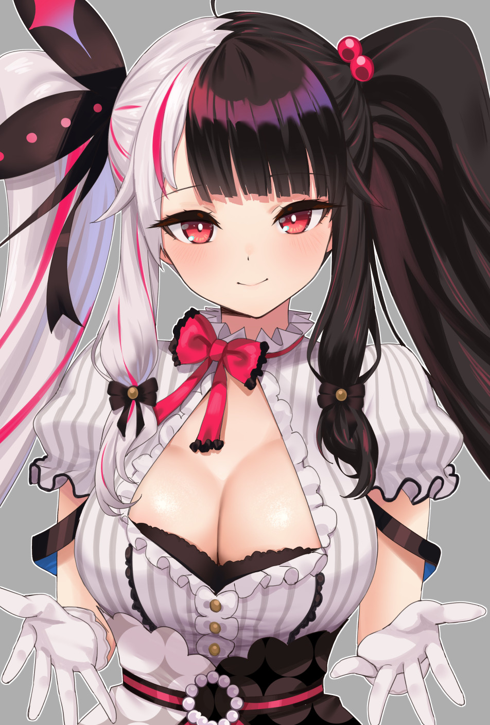 1girl, black_hair, blush, bow, bowtie, breasts, butterfly_hair_ornament, center_frills