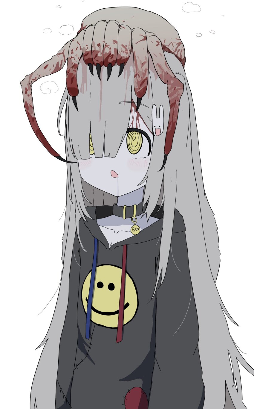 1girl, @_@, animal_collar, arms_at_sides, black_hoodie, bleeding, blood_from_forehead, blood