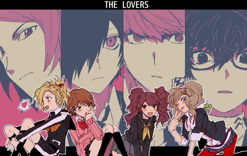 4girls, :d, :o, ;p, amamiya_ren, black_dress, black_jacket, black_sailor_collar