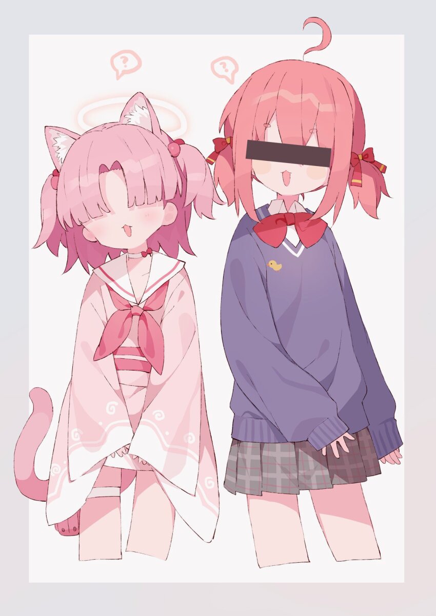 2girls, :3, ?, ahoge, animal_ears, aruko_okara, bar_censor, blue_archive, blush, border, bow, bowtie, cat_ears, cat_tail, censored, censored_identity, chlorella_observation_club_member_(blue_archive), commentary, covered_eyes, cropped_legs, crossover, faceless, faceless_female, grey_border, grey_skirt, hair_bobbles, hair_bow, hair_ornament, hair_over_eyes, halo, highres, holster, indie_virtual_youtuber, japanese_clothes, kimono, long_sleeves, multiple_girls, multiple_hair_bows, neckerchief, open_mouth, pink_hair, pink_kimono, pink_neckerchief, plaid_clothes, plaid_skirt, pleated_skirt, purple_hair, red_bow, red_bowtie, sailor_collar, school_uniform, short_hair, short_kimono, short_twintails, side-by-side, sidelocks, simple_background, skirt, sleeves_past_wrists, spoken_question_mark, standing, untranslatable_commentary, tail, thigh_holster, tokumei_radio, tomo_(ryo_i_so_), trait_connection, twintails, two_side_up, virtual_youtuber, white_sailor_collar, wide_sleeves