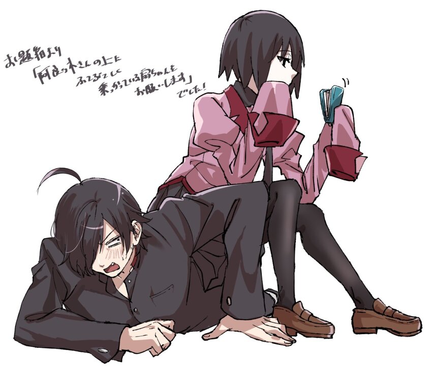 1boy, 1girl, ahoge, angry, annoyed, araragi_koyomi, black_eyes, black_hair