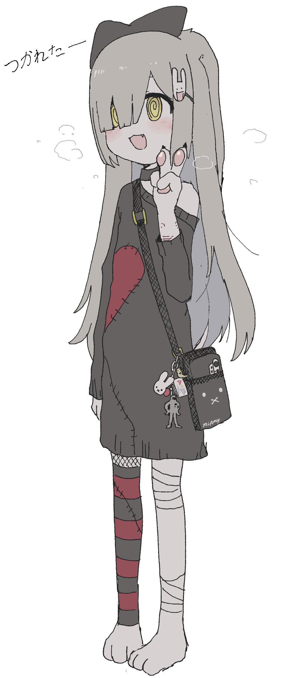 1girl, :3, @_@, animal_feet, animal_hands, arm_at_side, bag, bag_charm