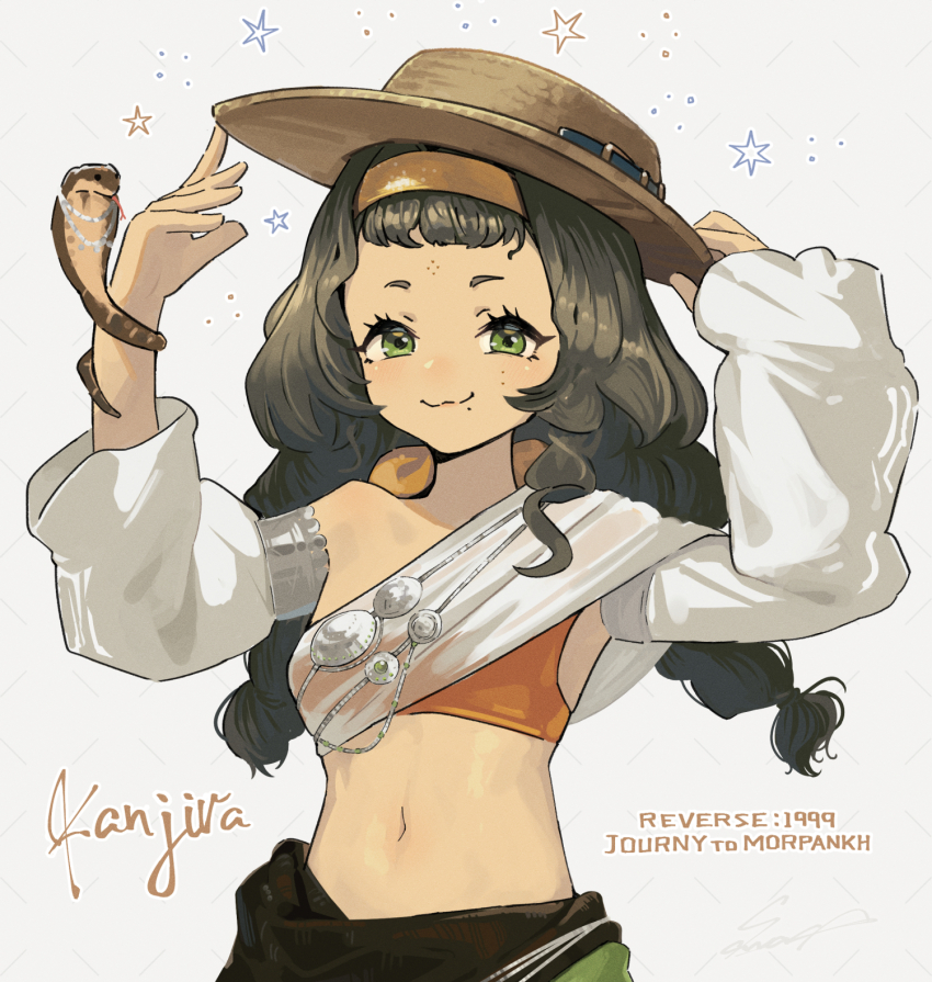 1girl, :3, animal_on_arm, black_hair, braid, breasts, character_name, closed_mouth, copyright_name, crop_top, desi, detached_sleeves, eyelashes, facial_mark, forehead_mark, green_eyes, grey_background, hairband, hands_on_headwear, hands_up, hat, highres, jewelry, kanjira, long_hair, looking_at_viewer, midriff, mole, mole_above_eye, mole_under_eye, mole_under_mouth, reverse:1999, sash, sawasa, shoulder_sash, small_breasts, smile, snake, sparkle, straw_hat, twin_braids, twintails, upper_body, white_sleeves