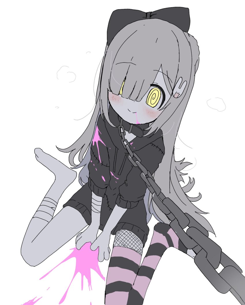 1girl, @_@, animal_collar, animal_feet, animal_hands, bandaged_arm, bandaged_leg, bandages
